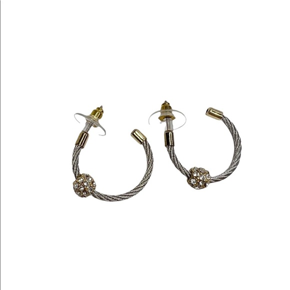 Silver & Gold Tone Twisted Cable Rhinestone Ball Pierced Hoops Earrings - Picture 2 of 8